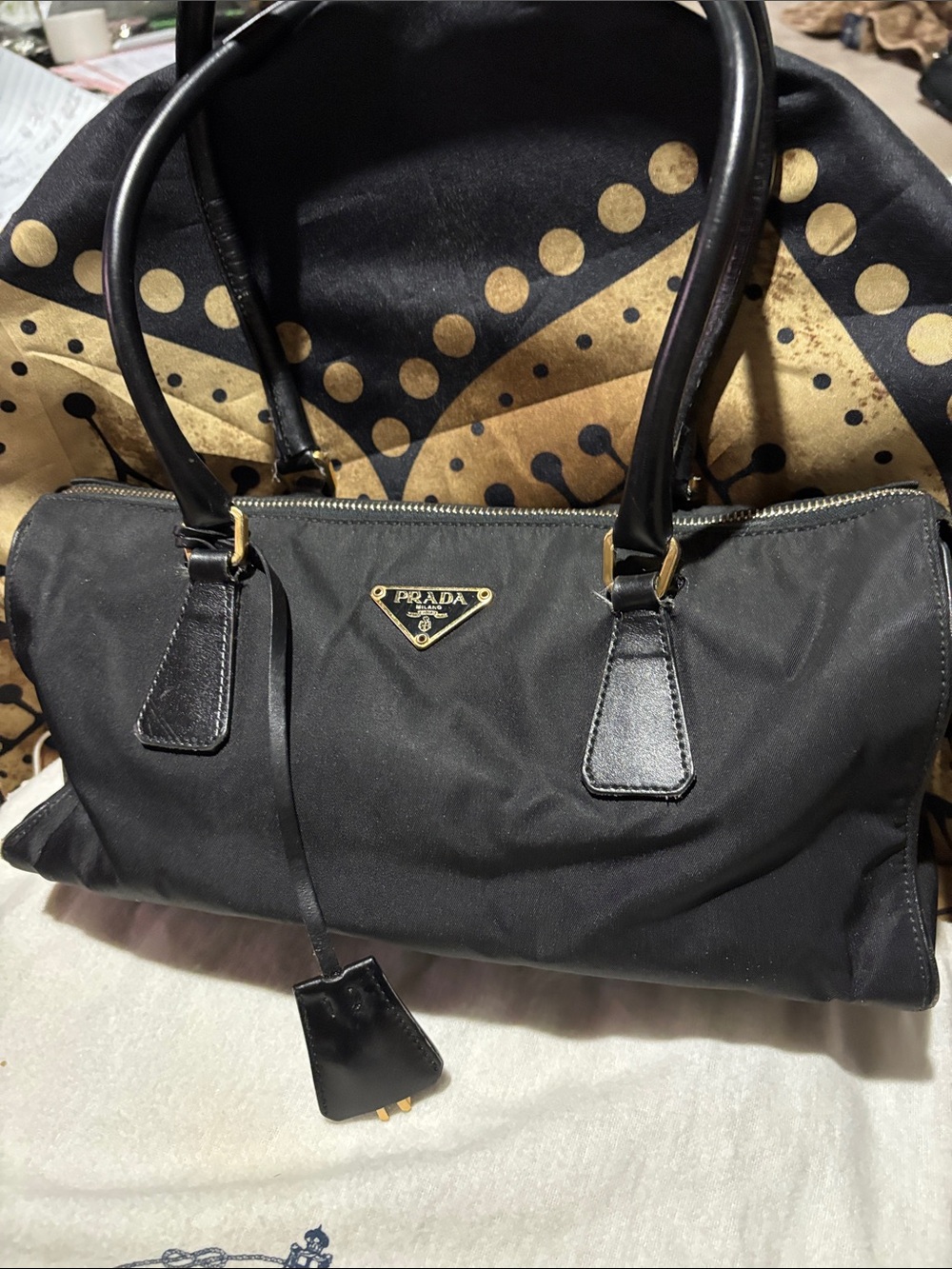 Prada Black Nylon Satchel with Gold Accents